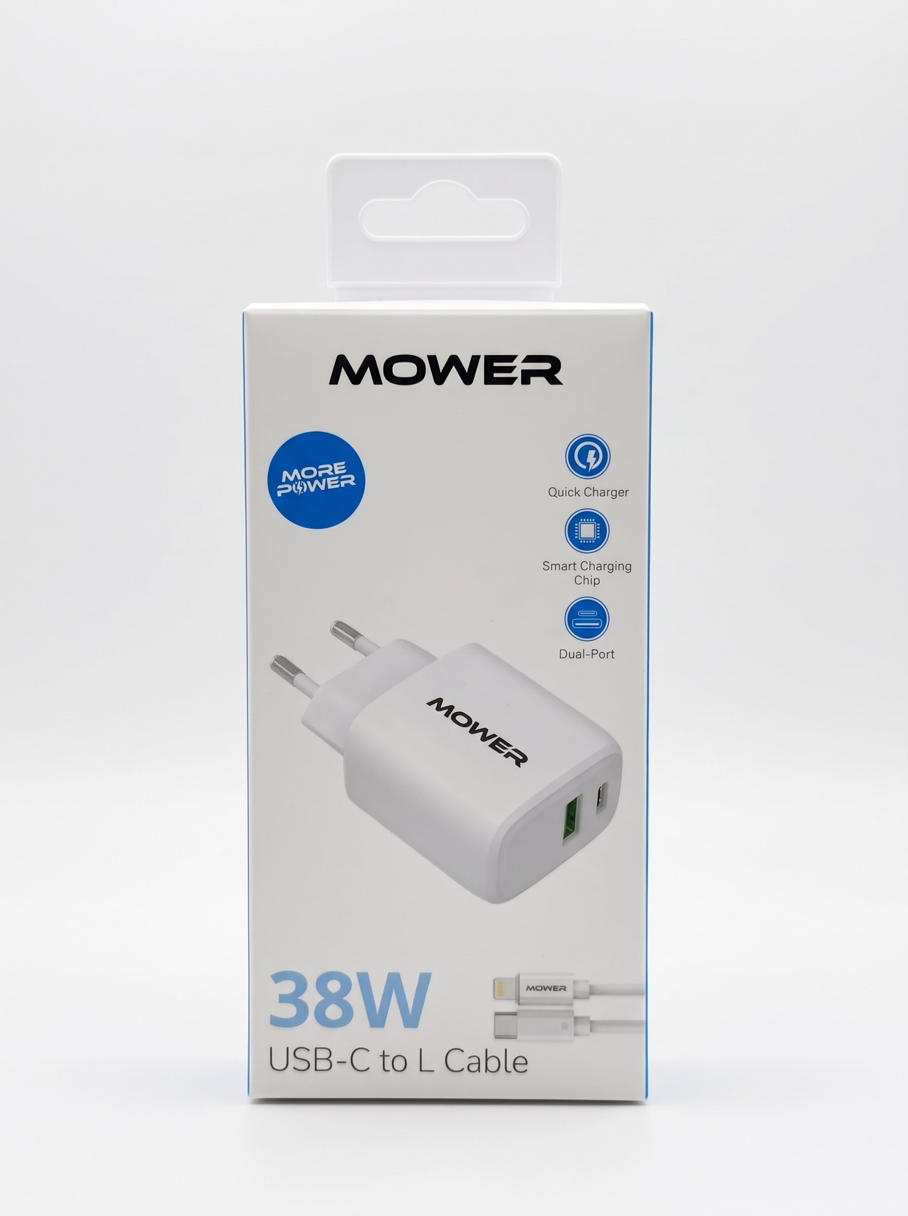 מטען MOWER 38W דו־יציאתי + כבל USB-C ל‑Lightning